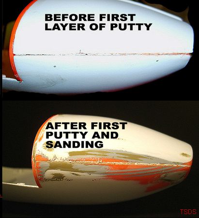 Polar Lights Spindrift Build-up - Before and after first layer of putty and sanding