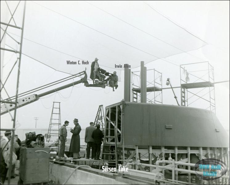 Irwin Allen filming the Voyage to the Bottom of the Sea movie on 20th Century Fox back lot Sersen Lake